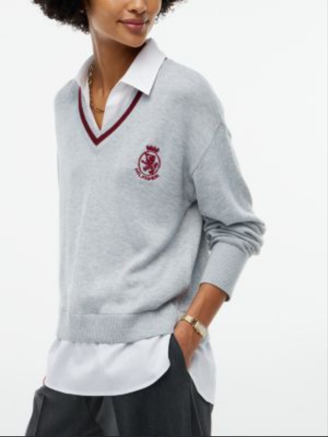 Tommy Layered-Look Crest Logo Women Sweater - Grey Heather