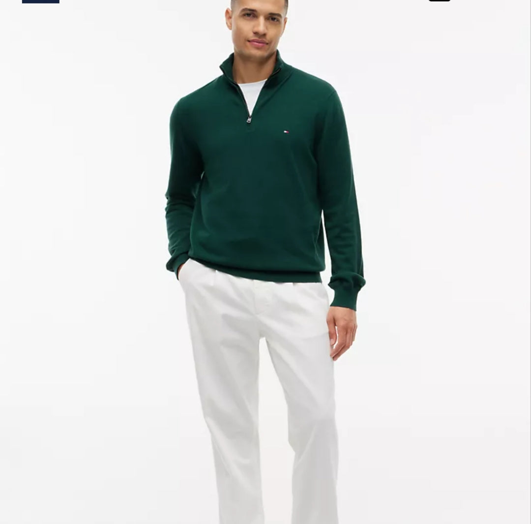 Striped Quarter- Men Zip Sweater-Ornamental Green