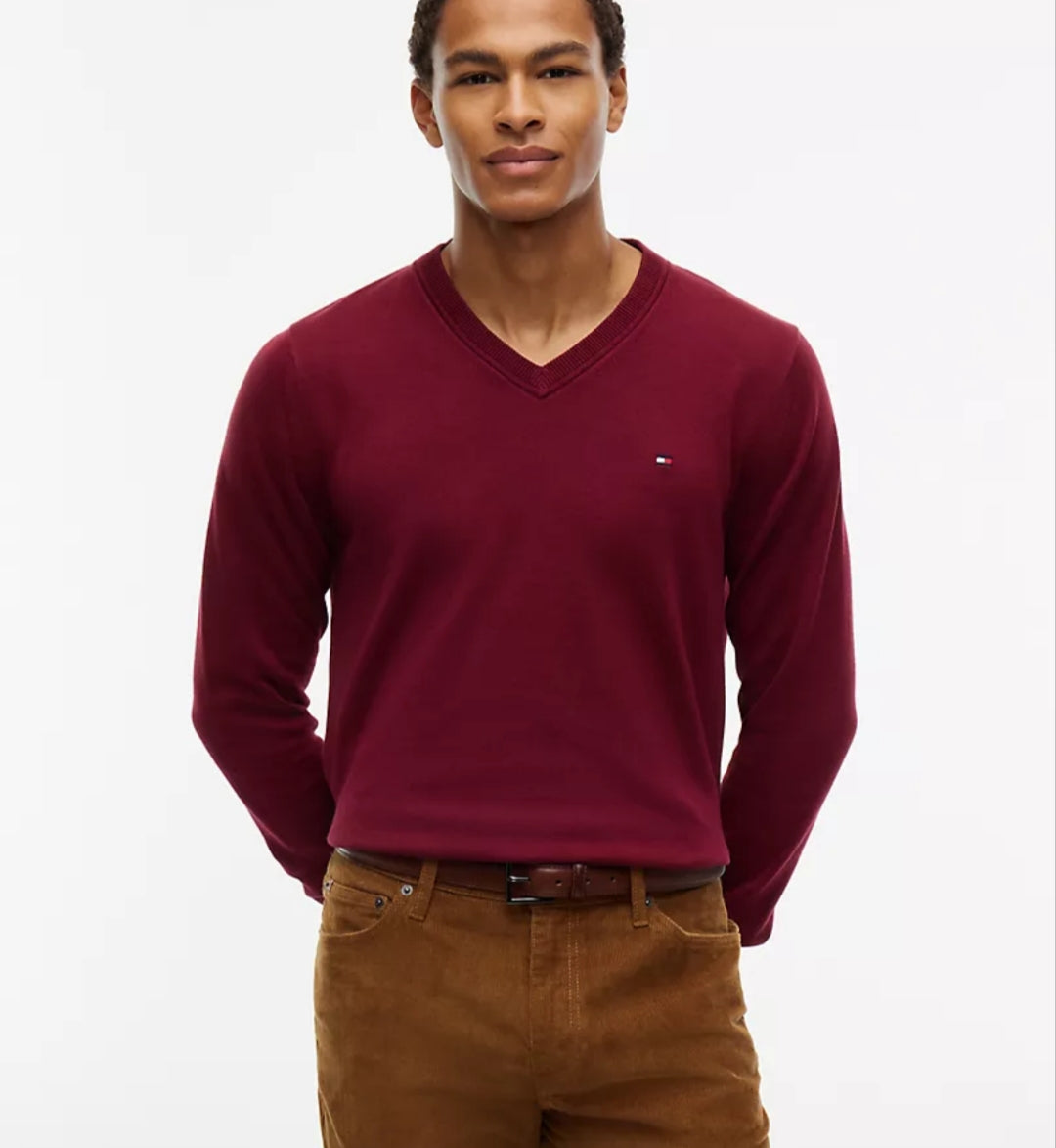 Tommy Solid Logo V-Neck Men Sweater- Burgundy