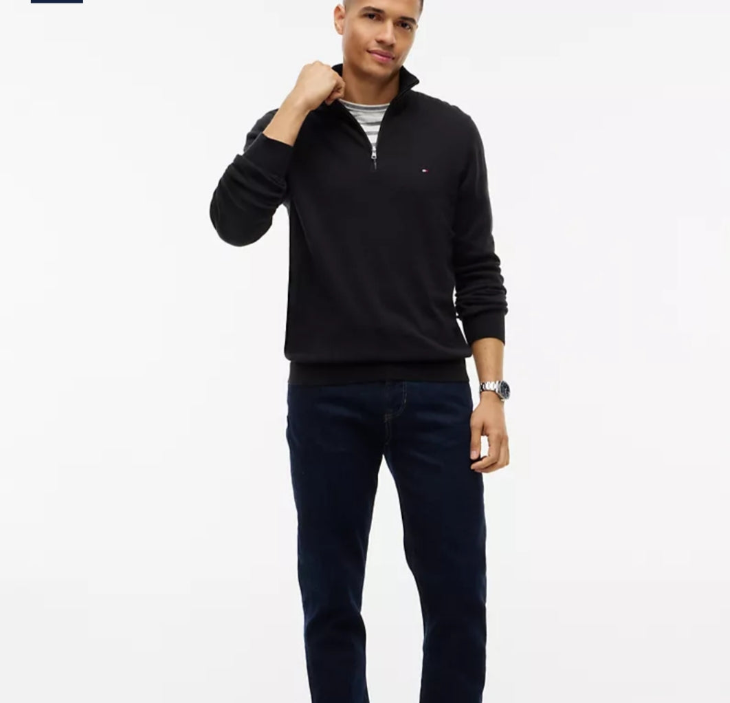 Striped Quarter- Men Zip Sweater-Black