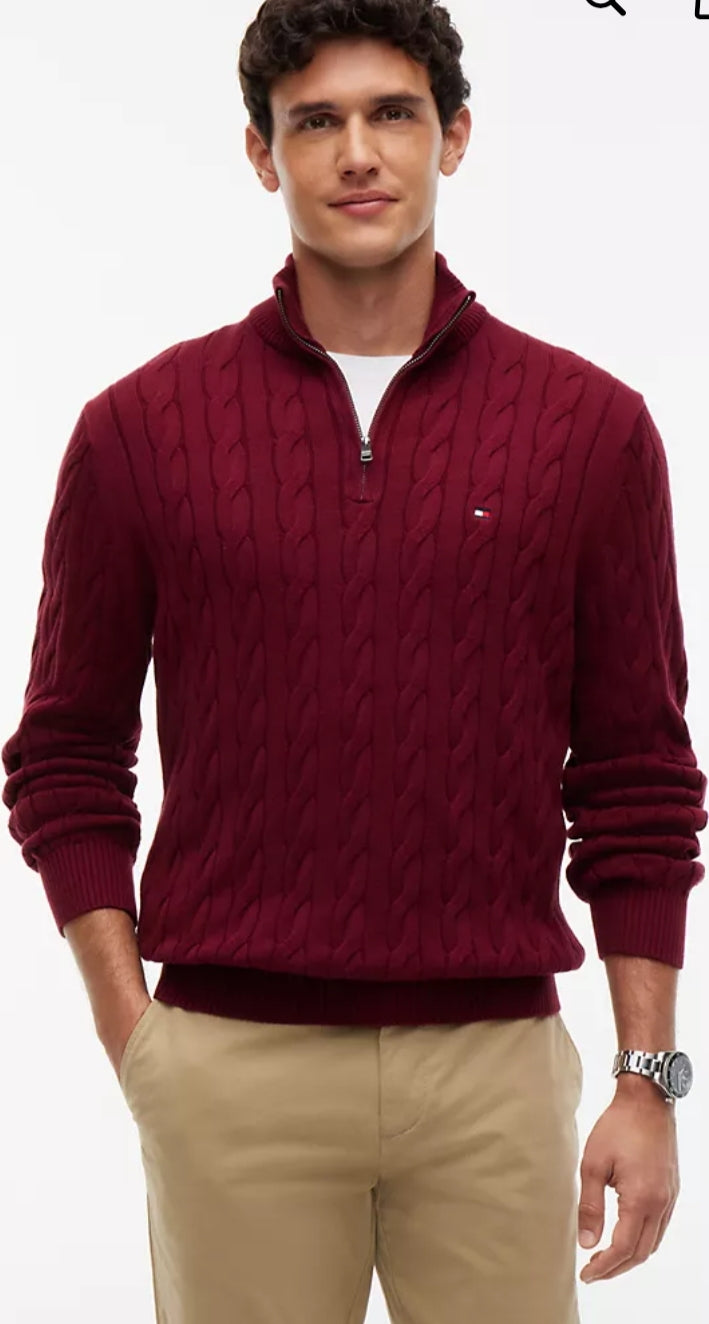 Cable Knit Men’s Quarter-Zip Sweater-Burgundy