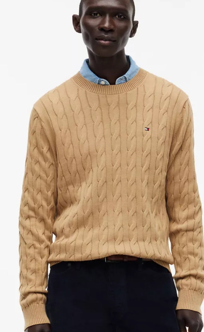Cable Knit Crewneck  Men Sweater-Classic Khaki