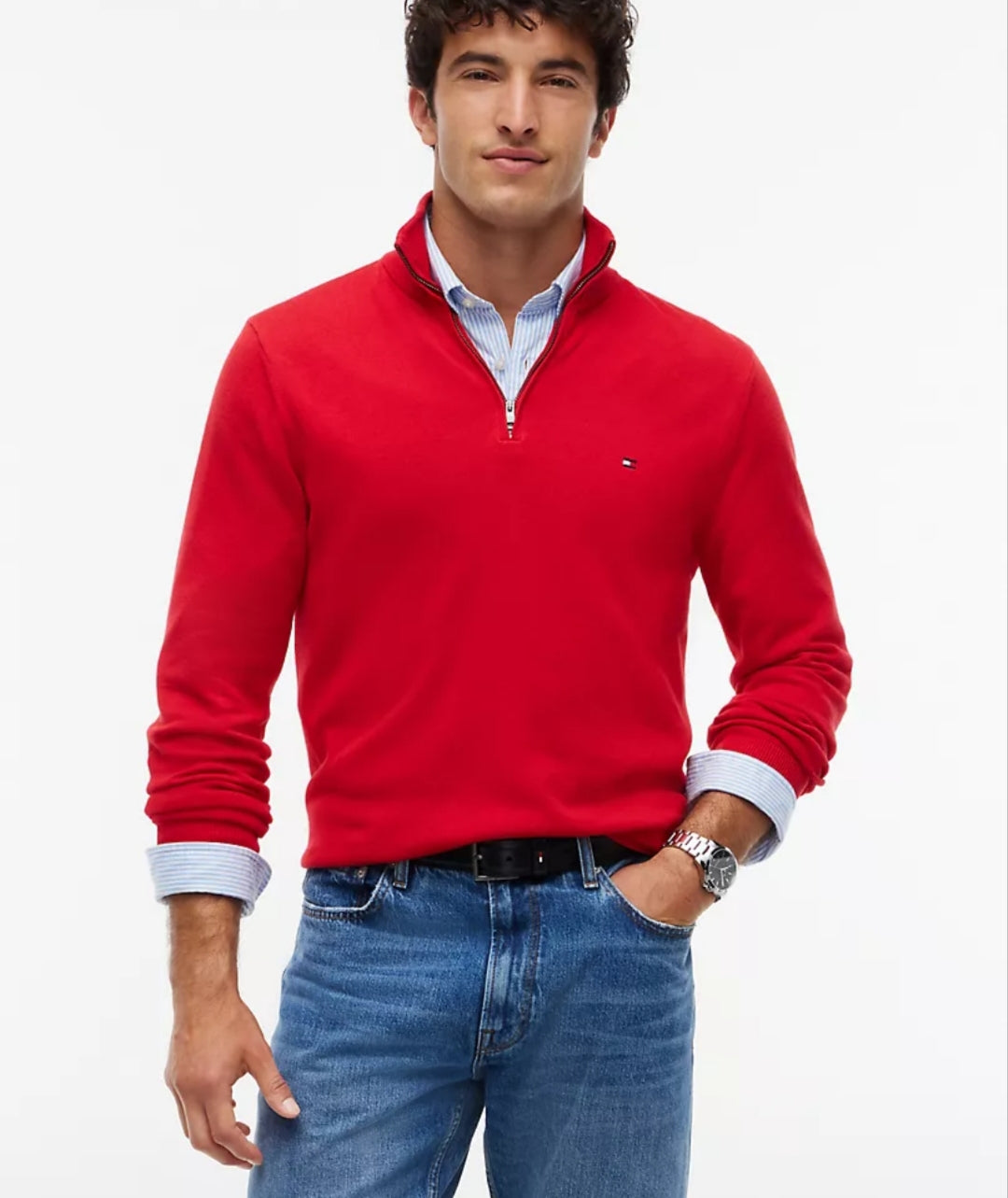 Striped Quarter- Men Zip Sweater-Red