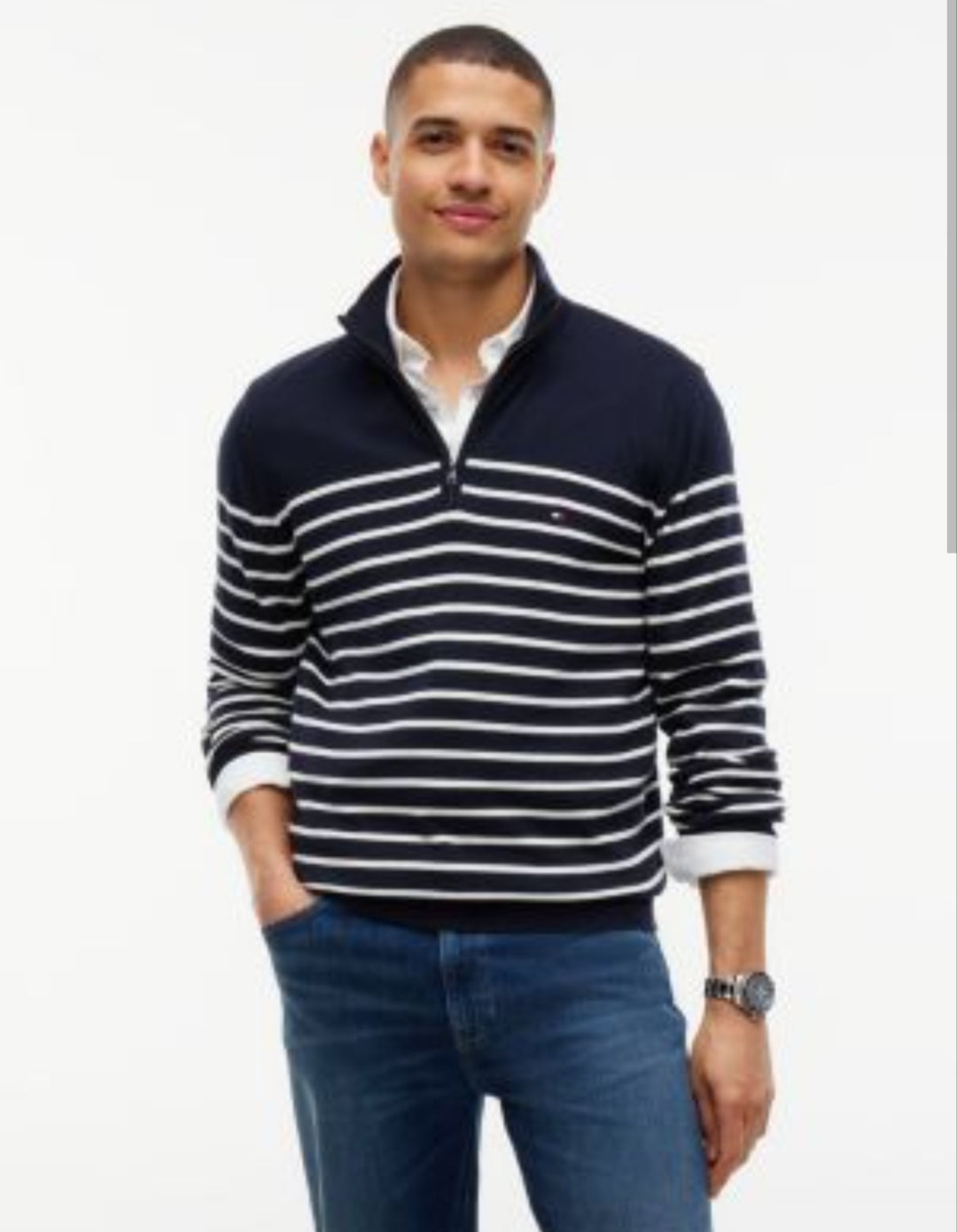 Striped Quarter- Men Zip Sweater-Navy/White Stripe