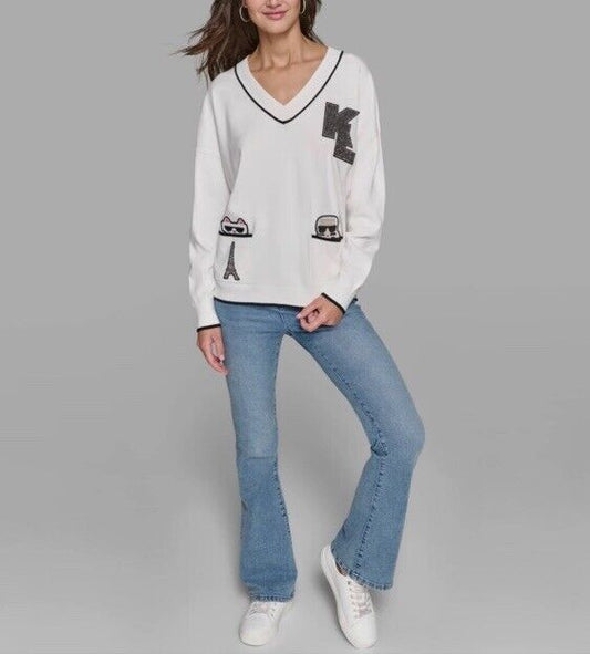 KARL WOMENS' WHIMSY VARSITY SWEATER WITH POCKETS