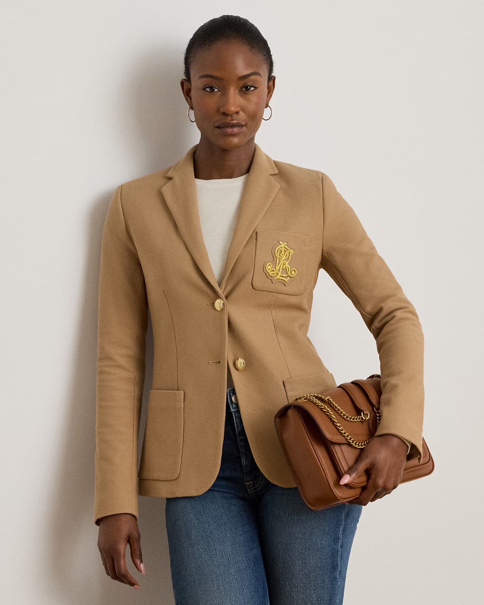 Ralph Lauren Women's Gold jacquard blazer jacket-Classic Camel