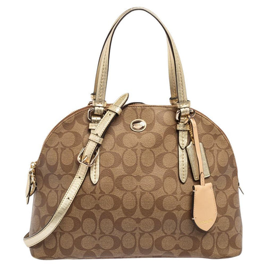 Coach Women Beige/Gold Signature Coated Canvas and Leather Peyton Dome Satchel